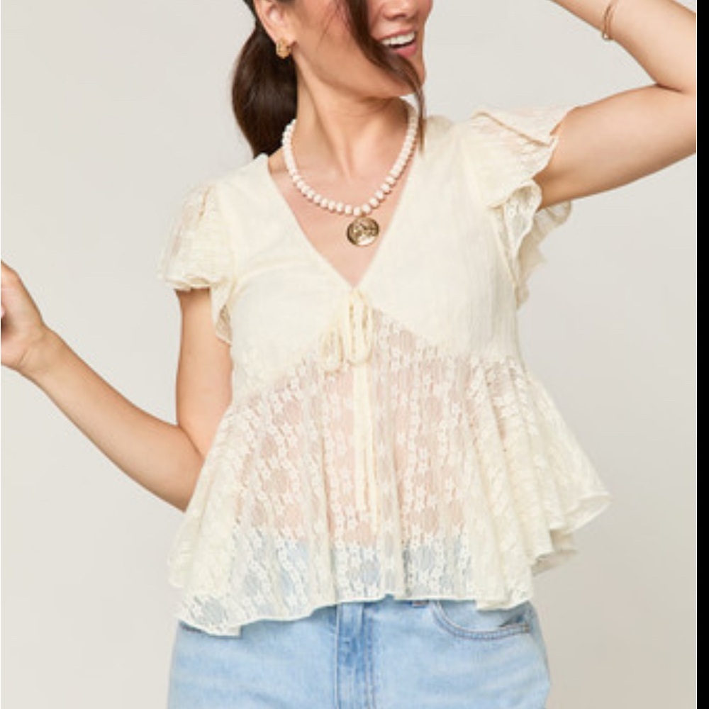 ❌sold❌ Love Fire Cream Flutter Sleeve Peplum Blouse Womens Neck Cream/Off-White